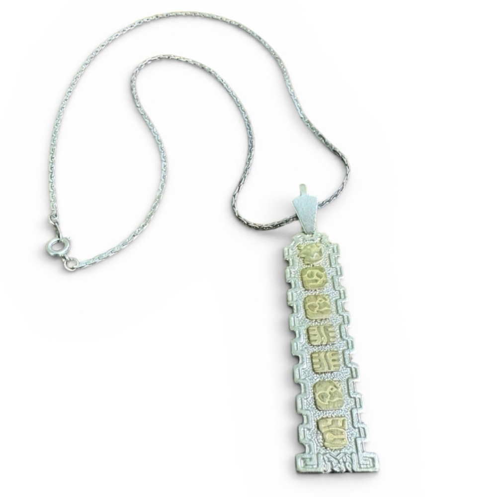 Lapis Egyptian Cartouche Style Pendant Necklace Silver and Gold Tone 18 Inch